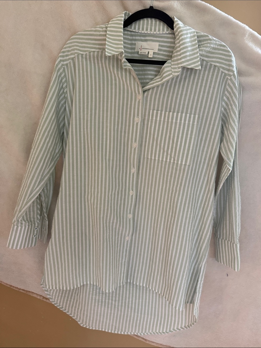 Light Green and White Striped Button-Up Shirt